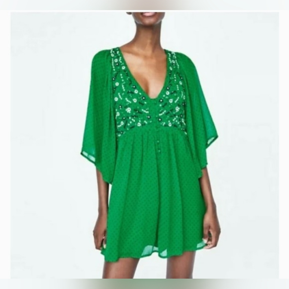 Zara green romper with embroidery